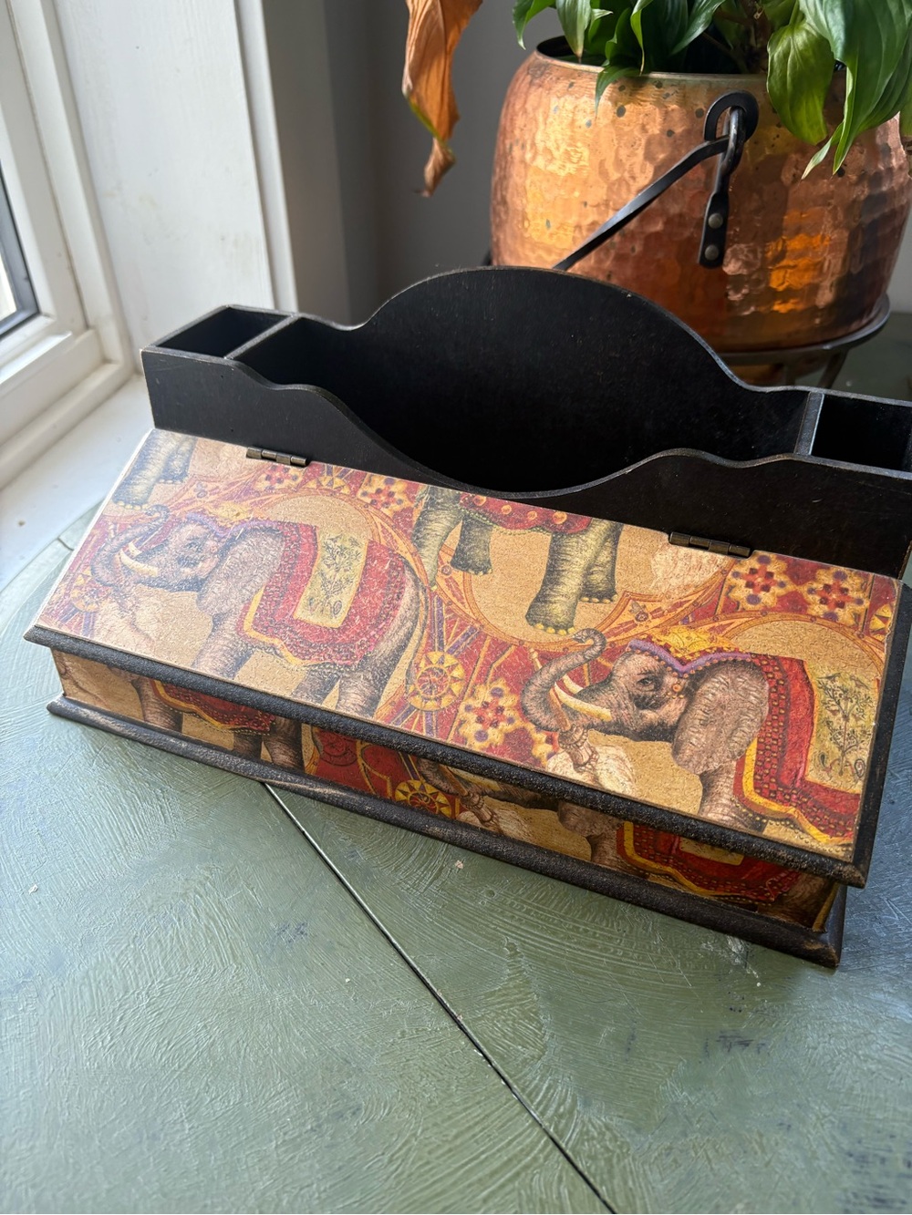 🧡 2/$15 🧡 Hand-Painted Elephant Decoupage Wooden Mail Organizer